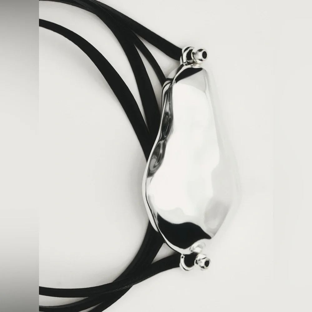 Massimo Dutti Leather Cord Bracelet with Silver Piece